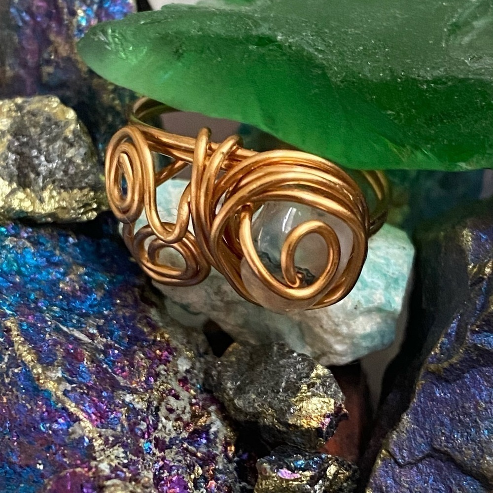 Green Moss Agate with gold toned wrap ring